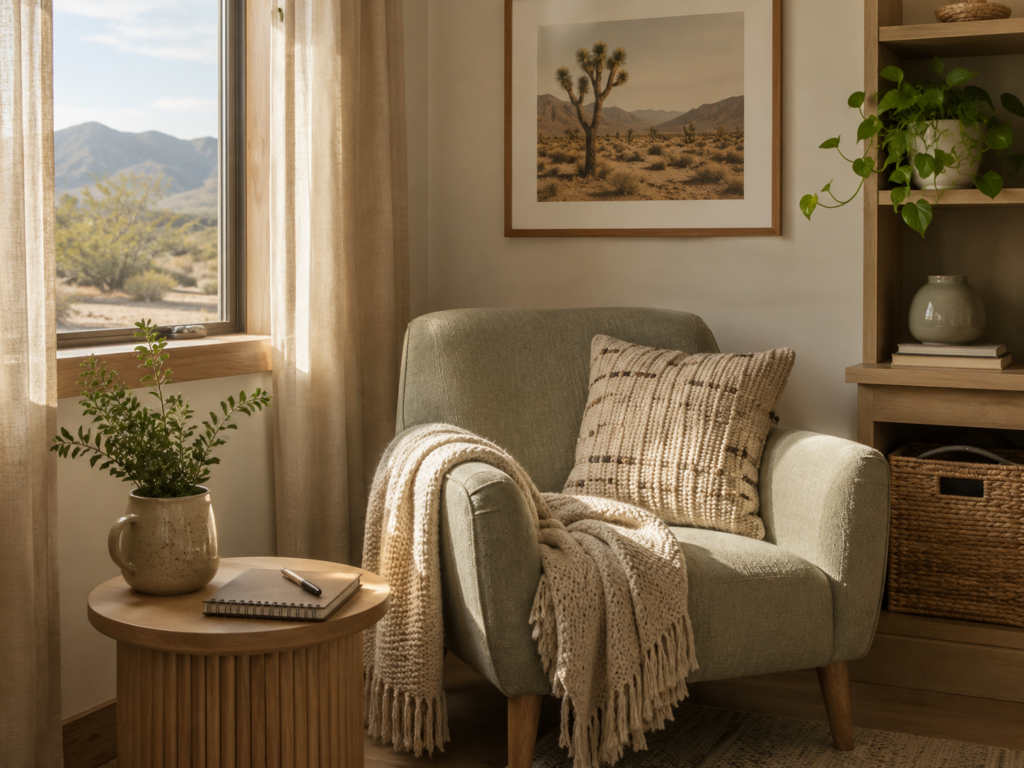 Cozy chair with journal on table